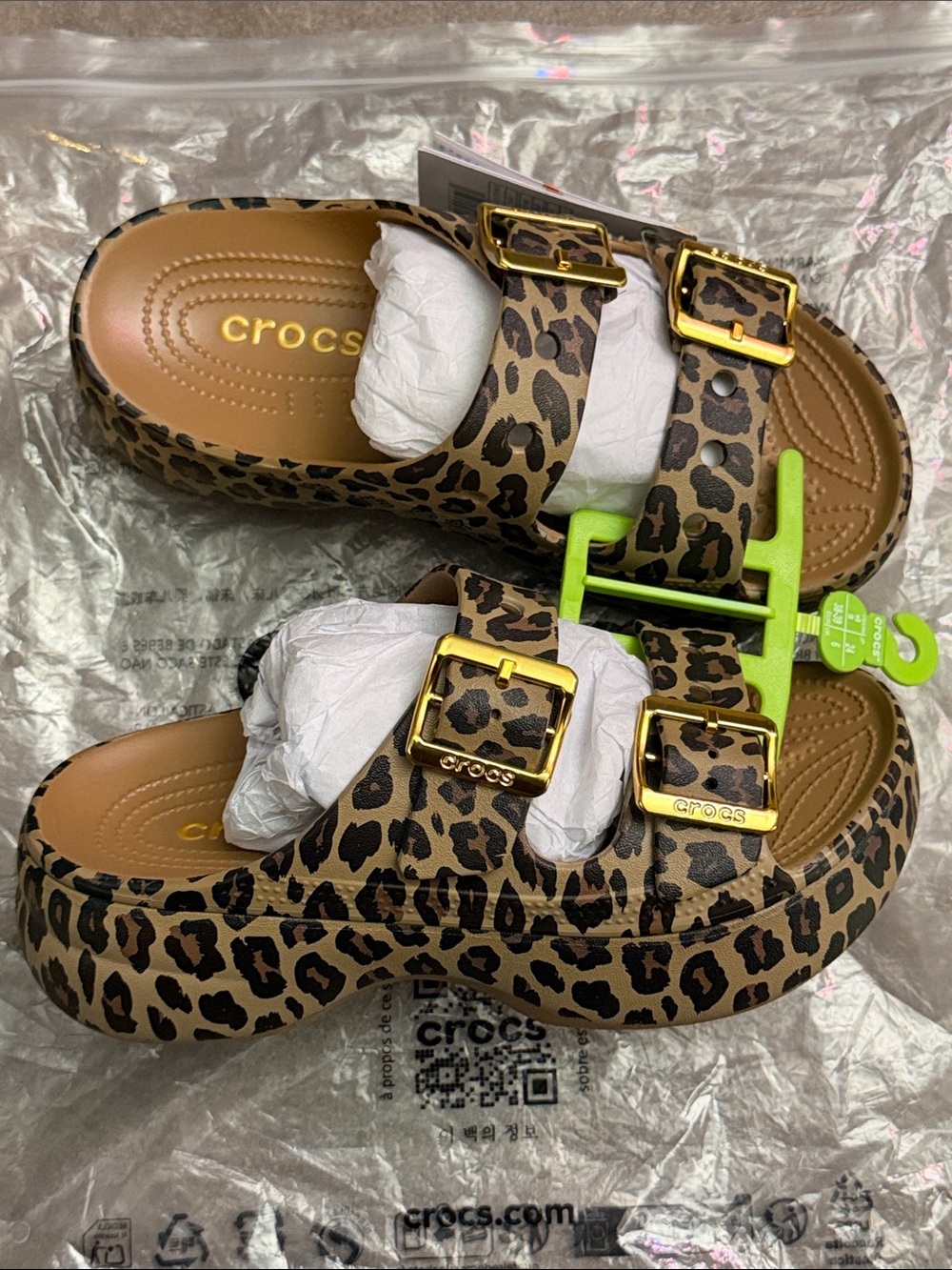 VIRAL SOLD OUT CROCS Leopard-Print Double Buckle Slide Sandals - Tan/Black - Picture 2 of 3